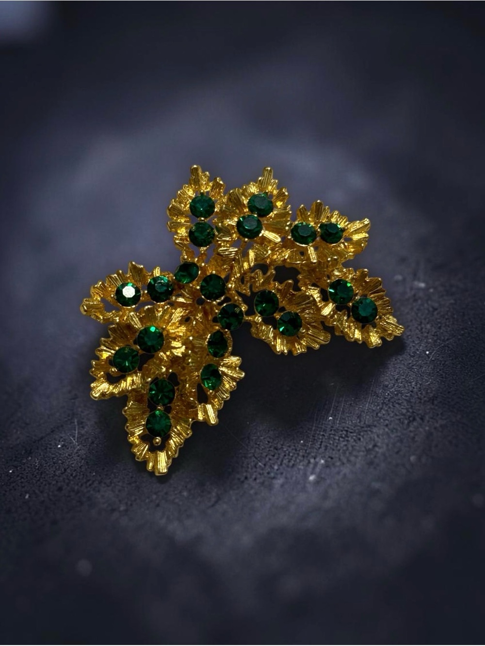 Vintage Signed MJ ENT Gold-Tone Leaf Brooch with Emerald Green Crystals